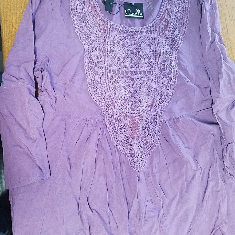 NWT Noelle S/M lavender blouse. Lace embellishments on the front